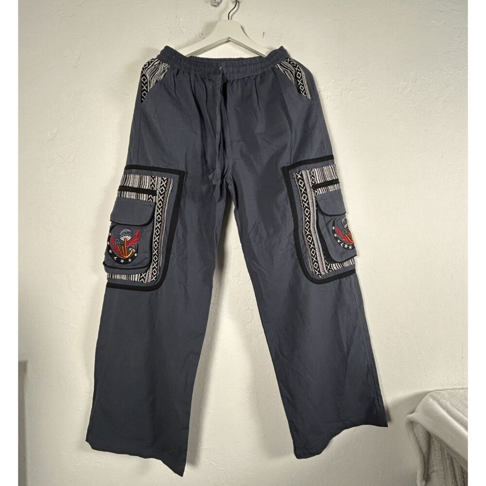 Womens Tribal Embroidered Cargo Pants Dark Gray S/M Elastic Waist Drawstring New